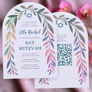 Botaniskt Vattenfärg QR-kod Bar Mitsva Arch Inbjudningar