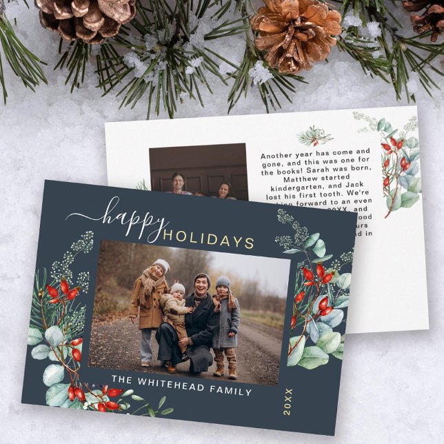 Botaniskt vattenfärgat Greenery Photo Slate Blue Julkort (You will love these beautiful Christmas cards! They feature botanical watercolor holiday greenery.)