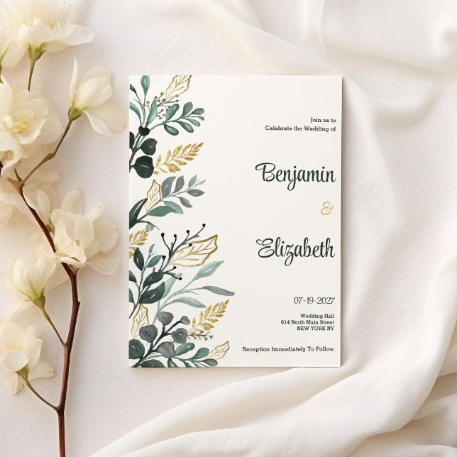 Botaniskt vattenfärgat grönt guld greenery Bröllop Inbjudningar (Botanical watercolor green gold greenery Wedding )