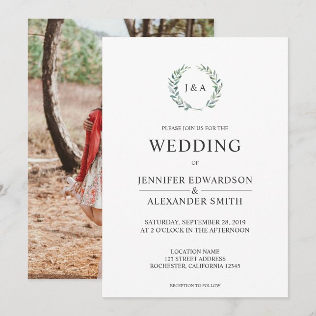 Botaniskt vattenfärgat löv monogram foto Bröllop Inbjudningar (Fram/baksida)