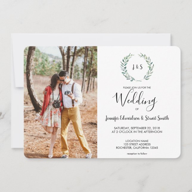 Botaniskt vattenfärgat löv monogram foto Bröllop Inbjudningar (Framsida)