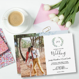 Botaniskt vattenfärgat löv monogram foto Bröllop Inbjudningar