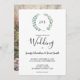 Botaniskt vattenfärgat löv monogram foto Bröllop Inbjudningar