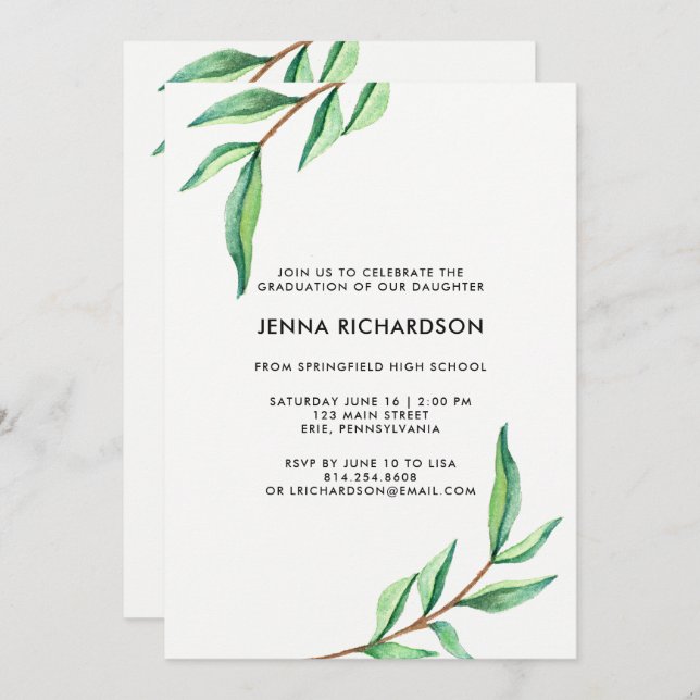 Botaniskt vattenfärgat Löv | Studentfest Inbjudningar (Fram/baksida)