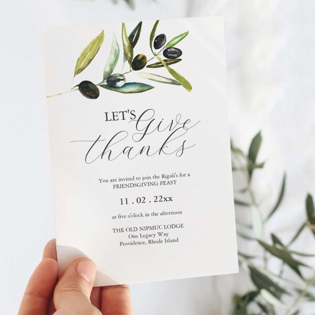 Botaniskt vattenfärgat Olive Gren Friendsgiving Inbjudningar (Thanksgiving invitations watercolor olive branch art by Victoria Grigaliunas of Do Tell A Belle)