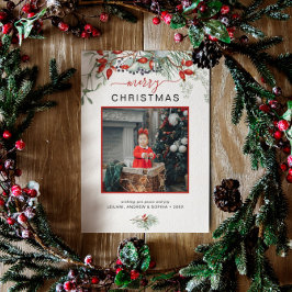 Botaniskt vattenfärgsfoto Holly God jul Julkort