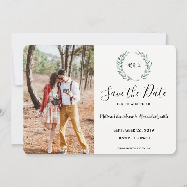 Botaniskt vattenfärgsfoto löv med monogrammet spara datumet (Framsida)