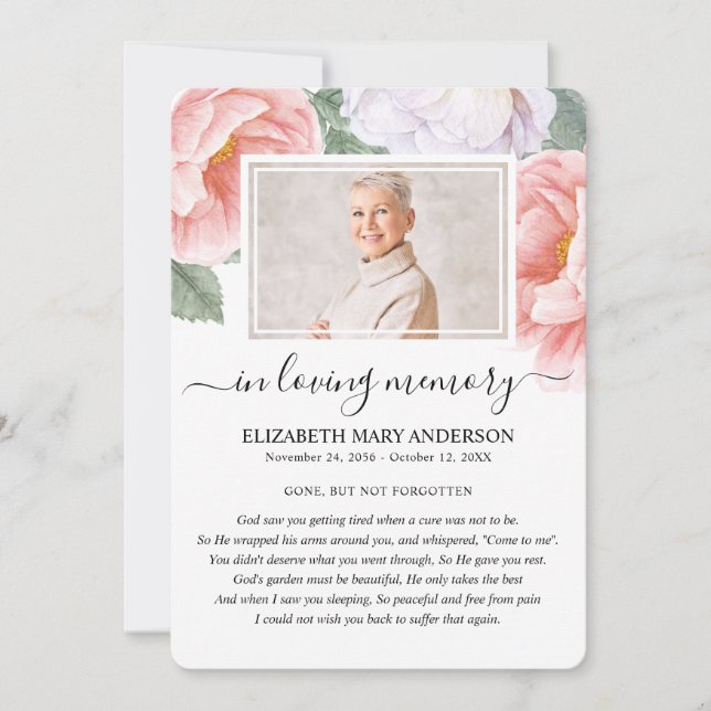 Botaniskt vattenfärgskort - Dikt för Funeral Sympa Tack Kort (Framsida)