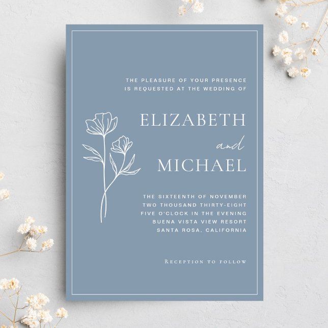 Botaniskt Vildblomma Dammtorblue Bröllop Inbjudningar (Botanical Wildflower Dusty Blue Wedding Invitation)