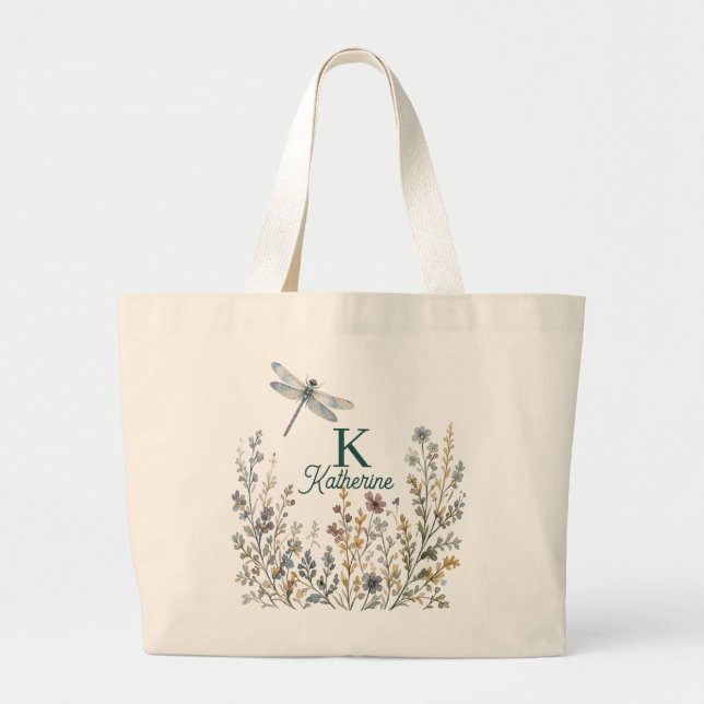 Botaniskt Vildblomma Trollslända Monogram Canvas T Jumbo Tygkasse (Framsidan)