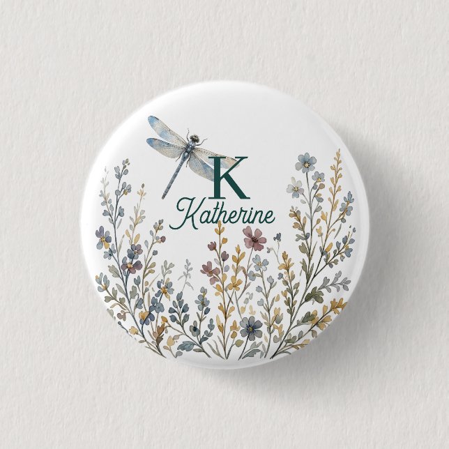 Botaniskt Vildblomma Trollslända Monogram Canvas T Knapp (Framsida)