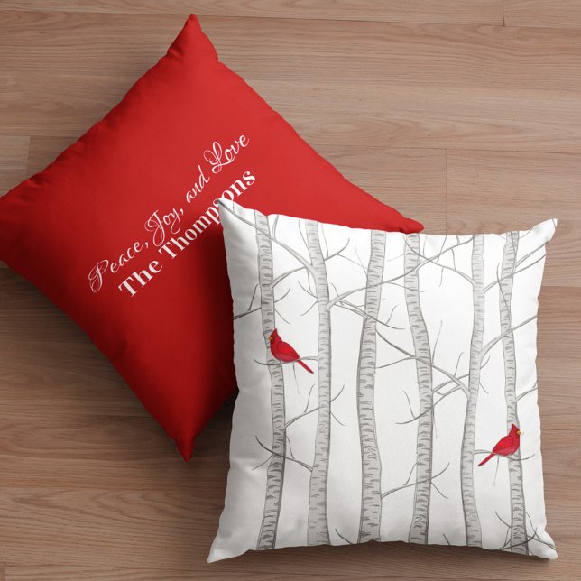 Botaniskt vinter Röd kardinal Botaniskt trädland Kudde (Red cardinal and birch tree custom winter throw pillow)