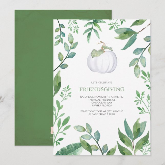 Botaniskt vit pumpa grönska Friendsgiving Inbjudningar (Fram/baksida)