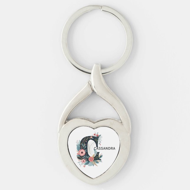 Botanistisk Blommigt Monogram Brev C Anpassningsba Twisted Heart Silverfärgad Nyckelring (Framsidan)
