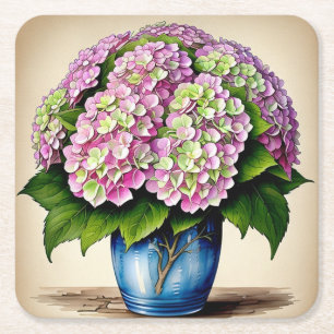Botanistisk Rosa Hydrangea Flower Papper Underlägg Kvadrat