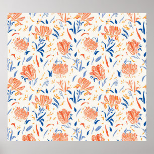 Botany linocut baroque: blommigt Sömlös bakgrund Poster