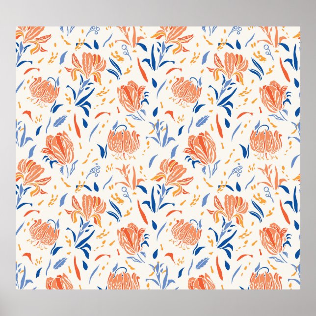Botany linocut baroque: blommigt Sömlös bakgrund Poster (Framsidan)
