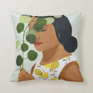 Botany Porträtt - Woman with Greenery Kudde