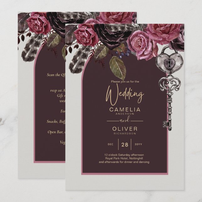 BOTHIC RO Burgundy Fall Wedding Inbjudningar (Fram/baksida)