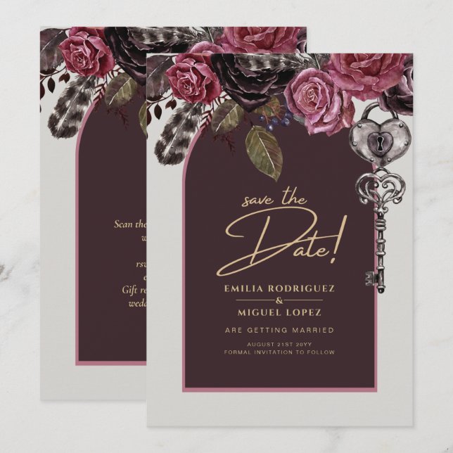 BOTHIC RO Burgundy Fall Wedding Inbjudningar (Fram/baksida)