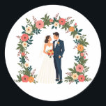 Boticelli Wedding Couple Sticker Runt Klistermärke<br><div class="desc">Delightful sticker featuring a beautifully illustrated couple on their wedding day,  surrounded by vibrant flowers and greenery,  perfect for adding a romantic touch to any surface.</div>
