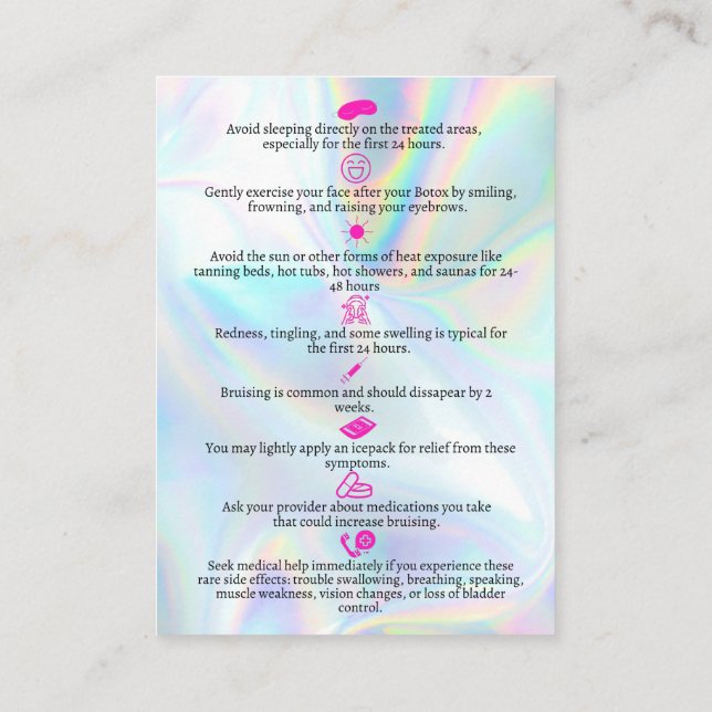 Botox Aftercare Faux Holograph Instruction Visitkort (Baksida)