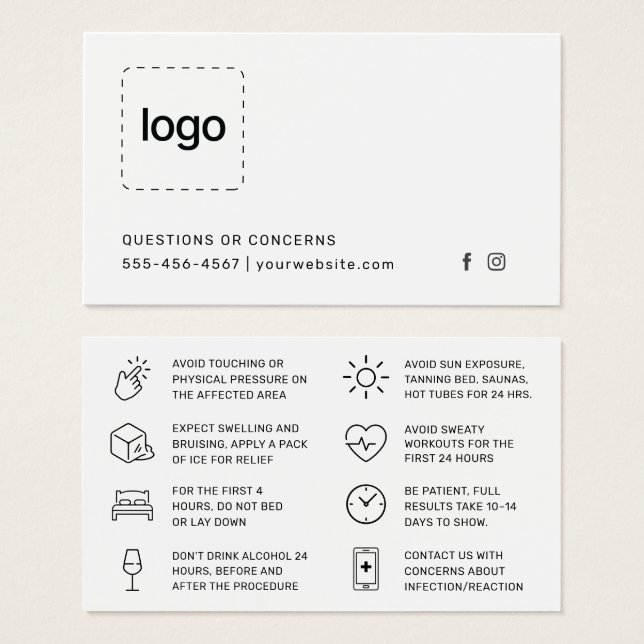 Botox Filler Injection Aftercare Instruction Card Visitkort (Framsida & baksida)