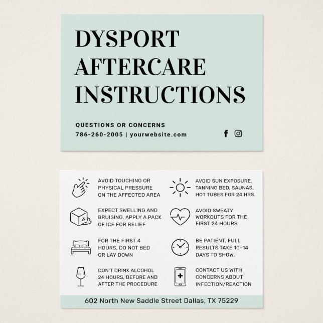  Botox Instruktionskort för eftervård Visitkort (Framsida & baksida)