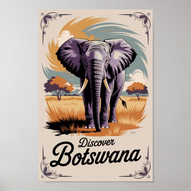 Botswana Elephant Illustration Travel Art Vintage Poster (Framsidan)