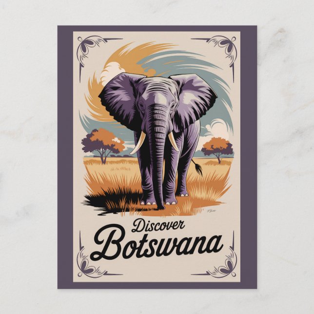 Botswana Elephant Illustration Travel Art Vintage Vykort (Framsida)