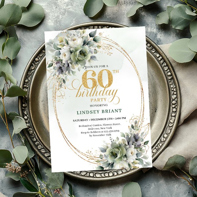 Bottanisk 60-årsdag Grön Och Guld Inbjudan (Botanical 60th Birthday Green And Gold Invite

)