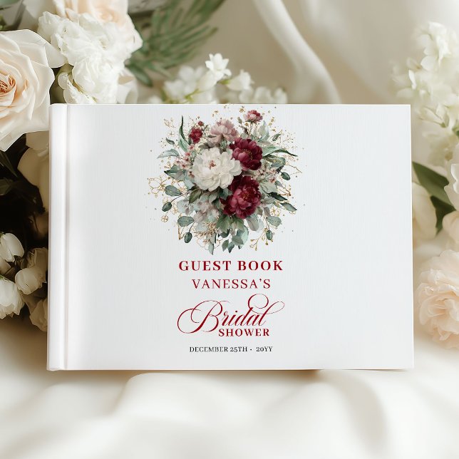 Bottanisk Burgundisk Blommig Bröllopsfest Gästbok (Botanical Burgundy Floral Bridal Shower Guest Book)