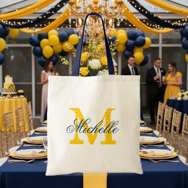 Bottenblått och gult monogram bröllop till påsen tygkasse (blue yellow wedding tote bag)