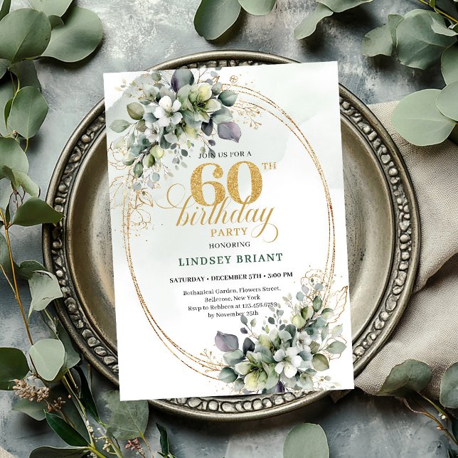 Bottensk 60-års födelsedag akvarell blad inbjudan (Botanical 60th Birthday Watercolor Leaf Invite

)
