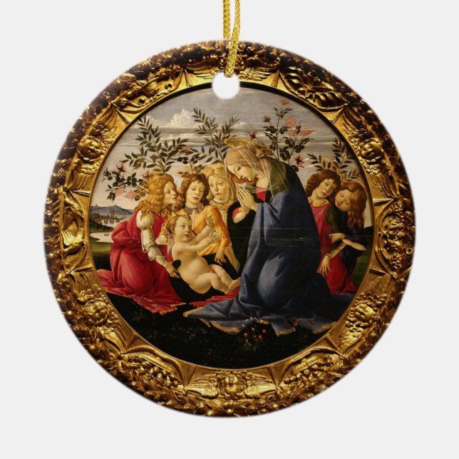 Botticelli Madonna Adoring Child with 5 Änglar Julgransprydnad Keramik (Framsidan)