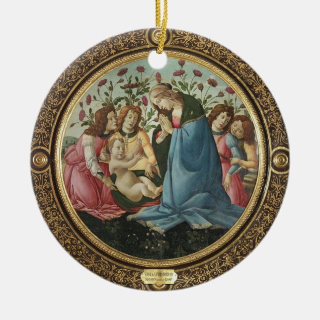 Botticelli Madonna och barn 4 änglar röda rosor Julgransprydnad Keramik (Framsidan)