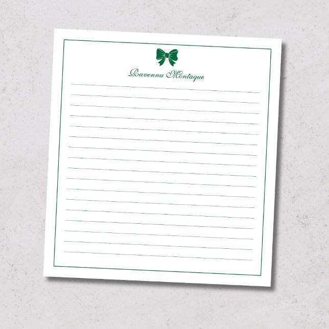 Bottle Green Bow Border Custom Name Lined Anteckningsblock (Skapare uppladdad)