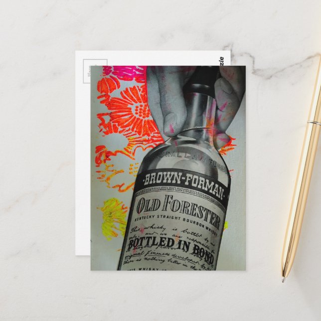 Bottled in Bond Whisky Flaska Blommig  Collage Vykort (Fram/Back In Situ)