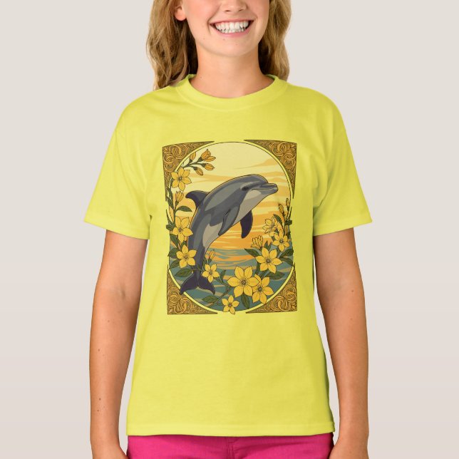 Bottlenosdelfin med Gult Jasmine Flowers T Shirt (Framsida)