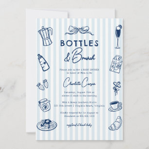 Bottles and Brunch Doodle Baby Shower Blårandig Inbjudningar