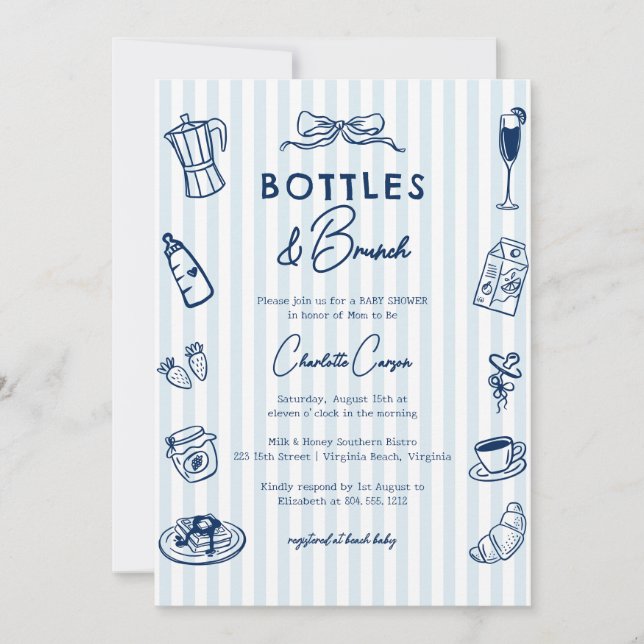Bottles and Brunch Doodle Baby Shower Blue Striped Inbjudningar (Framsida)