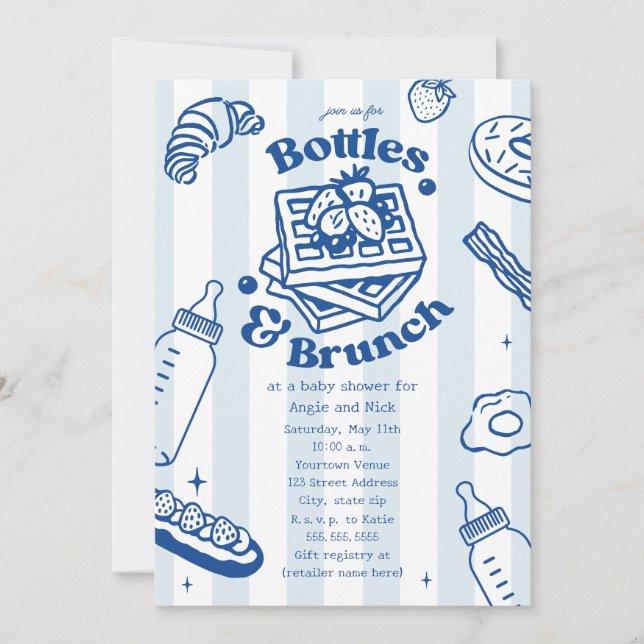 Bottles & Brunch Doodle Blå Pojke Babyfest Inbjudningar (Framsida)