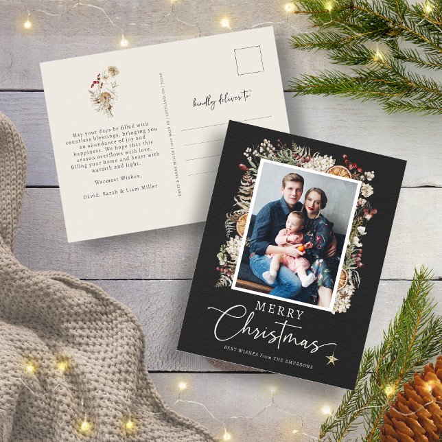 Bottniskt julkort med foto helg vykort (Elegant Black Rustic Boho Botanical Photo Merry Christmas Postcard
)