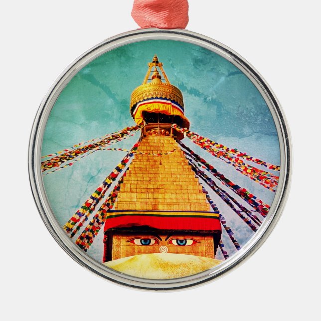 Boudhanath Stupa, Buddha Ögon, Himalayas, Nepal Julgransprydnad Metall (Framsidan)