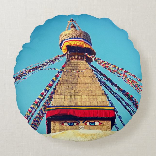 Boudhanath Stupa, Buddha Ögon, Himalayas, Nepal Rund Kudde (Framsidan)