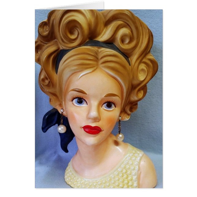 Bouffant Hair Dam Head Vas Big Blue Öga Card Hälsningskort (Framsidan)