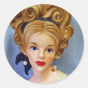 Bouffant Hair Dam Head Vas Big Blue Öga Runt Klistermärke