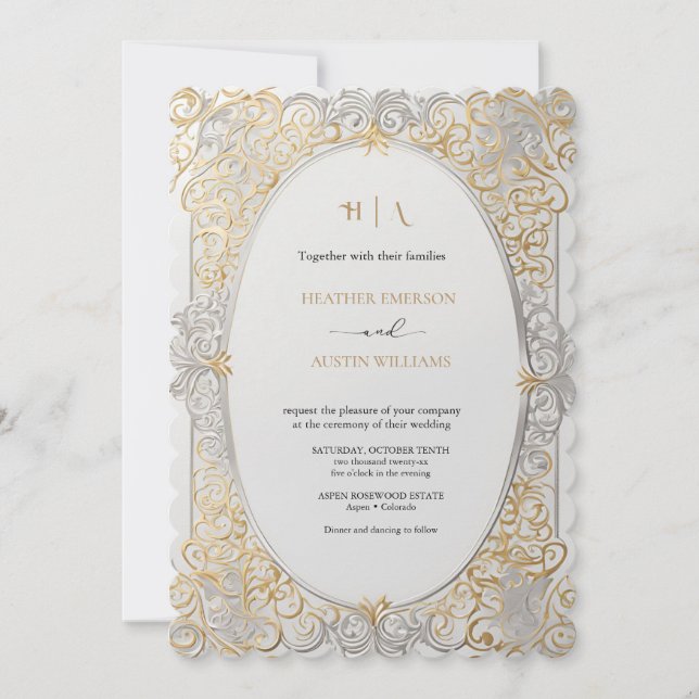 Bougainvillea Grönt Guld Bröllop Art nouveau Mucha Inbjudningar (Framsida)