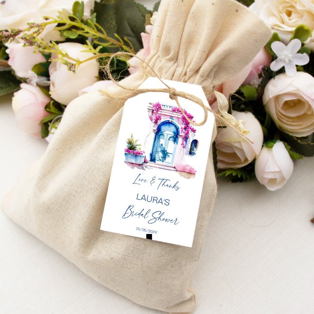 Bougainvillea Mediterranean möhippa favaire Presentetikett (Bougainvillea Mediterranean themed bridal shower favor Gift Tags blue and pink thank you favor tags)