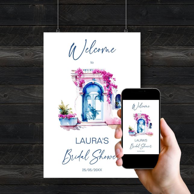 Bougainvillea Mediterranean möhippa Welcome Poster (Bougainvillea Mediterranean themed bridal shower template welcome sign Poster digital download)